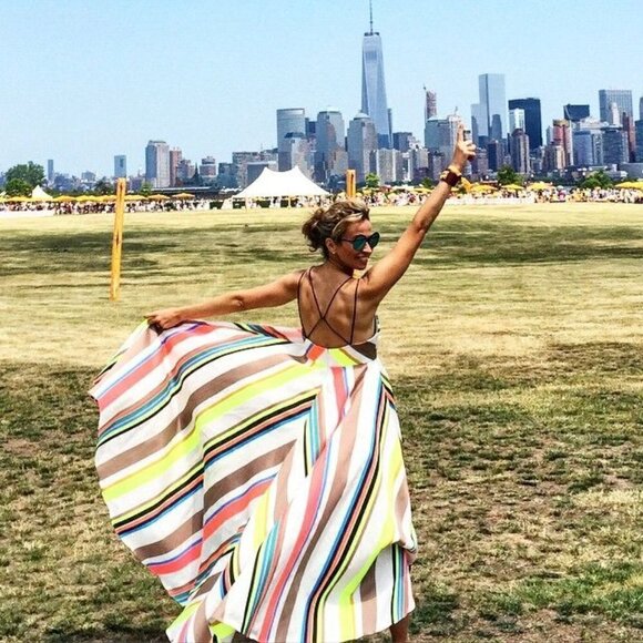 Milly Blended Linen Silk Mitered Trapeze Neon Striped Maxi Dress - Picture 2 of 10